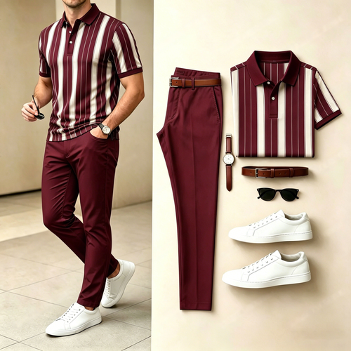 Men's Casual Vertical-Striped Patchwork-Print Short-Sleeve Polo Shirt And Pants Set (Excludes Accessories Such As Watches And Belts)