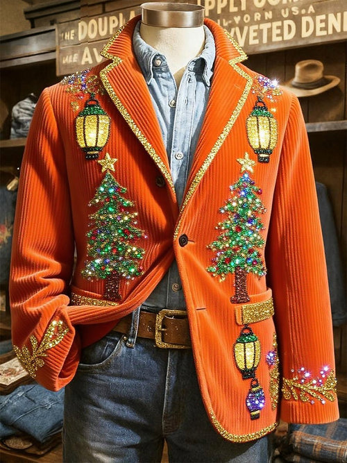 Men's Corduroy Christmas Lantern and Tree Collar Suit Jacket