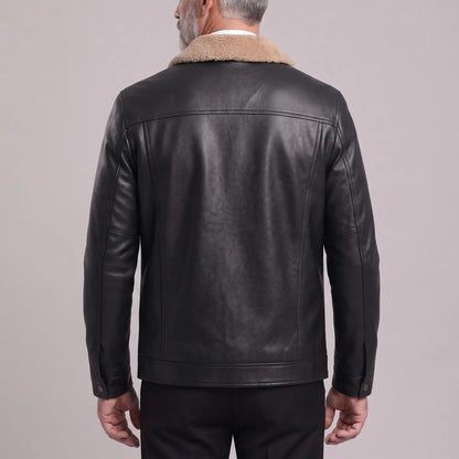 Men's Vintage Fuzzy Turndown Collar Snap Button Zip-Up PU Leather Jacket