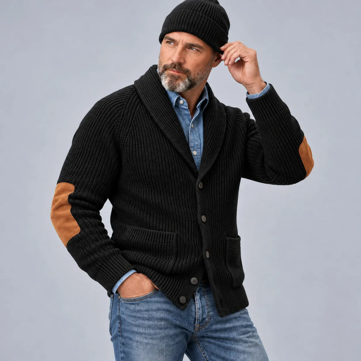 Men's Navy Blue Shawl Lapel Single Breasted Patchwork Ribbed Knit Sweater Cardigan