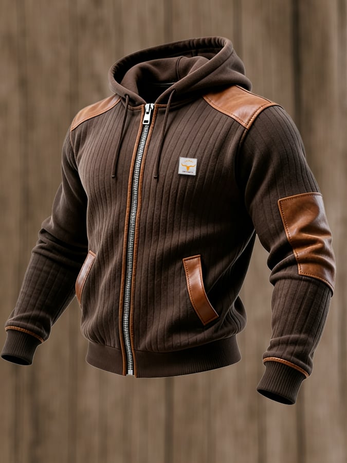 Men's Vintage Leather Patchwork Outdoor Knitted Ribbed Jacket