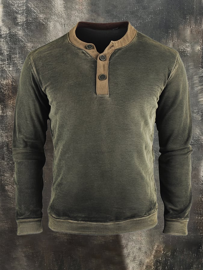 Men's Retro Stitching Contrast Color Henley Collar Casual Long Sleeve Sweatshirt