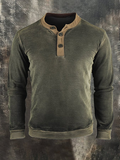 Men's Retro Stitching Contrast Color Henley Collar Casual Long Sleeve Sweatshirt