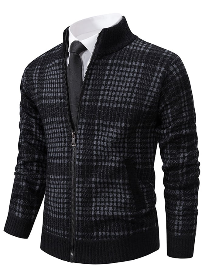 Men's Fashionable Plaid Design Warm Zipper Sweater Jacket