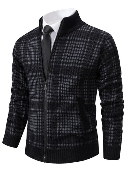 Men's Fashionable Plaid Design Warm Zipper Sweater Jacket