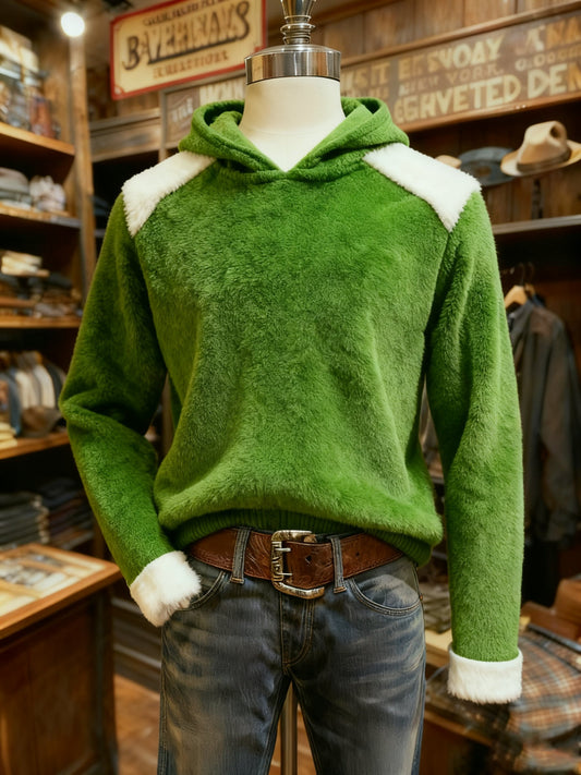 Men's Retro Green Plush Comfortable Pullover Hoodie
