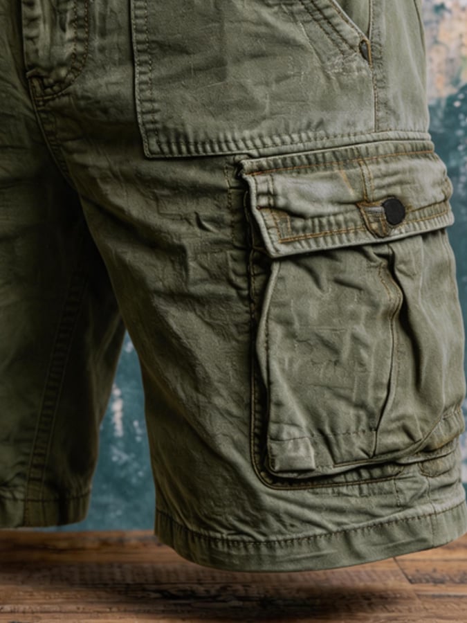Men's Retro Outdoor Multi-Pocket 100% Cotton Washed Cargo Shorts