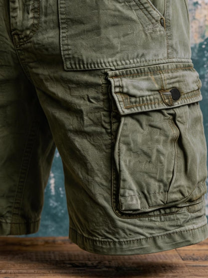 Men's Retro Outdoor Multi-Pocket 100% Cotton Washed Cargo Shorts