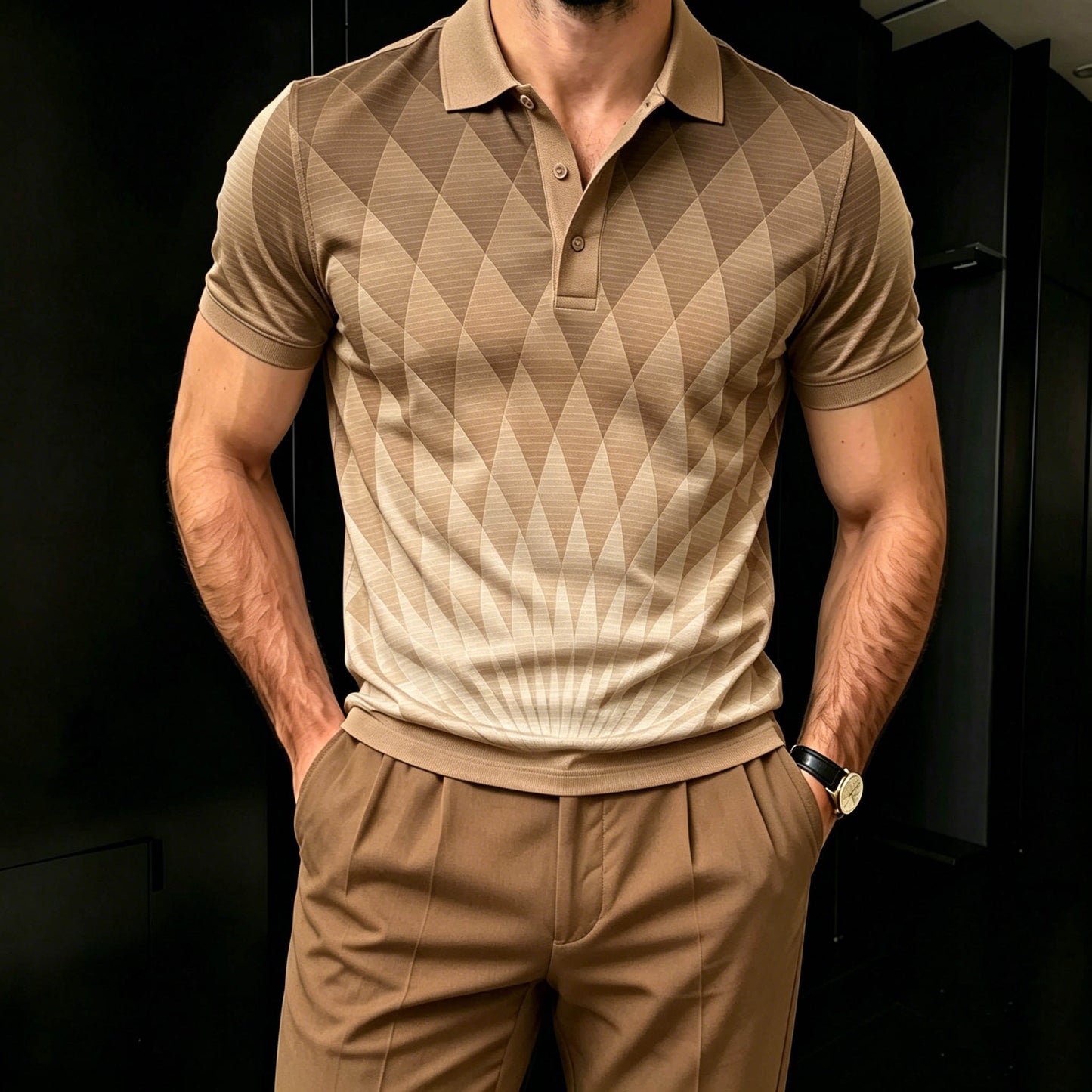 Men's Casual Brown Color Geometric Gradient Printed Short Sleeves Polo Shirt