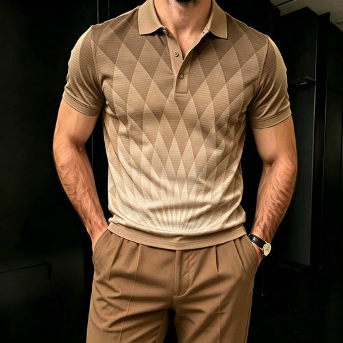 Men's Casual Brown Color Geometric Gradient Printed Short Sleeves Polo Shirt