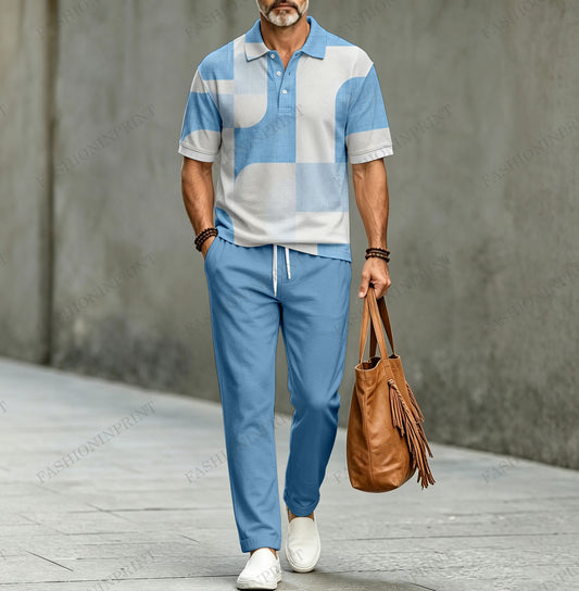 Men's Casual Color-Blocked Printed Short-Sleeve Polo Shirt and Pants Two-Piece Set