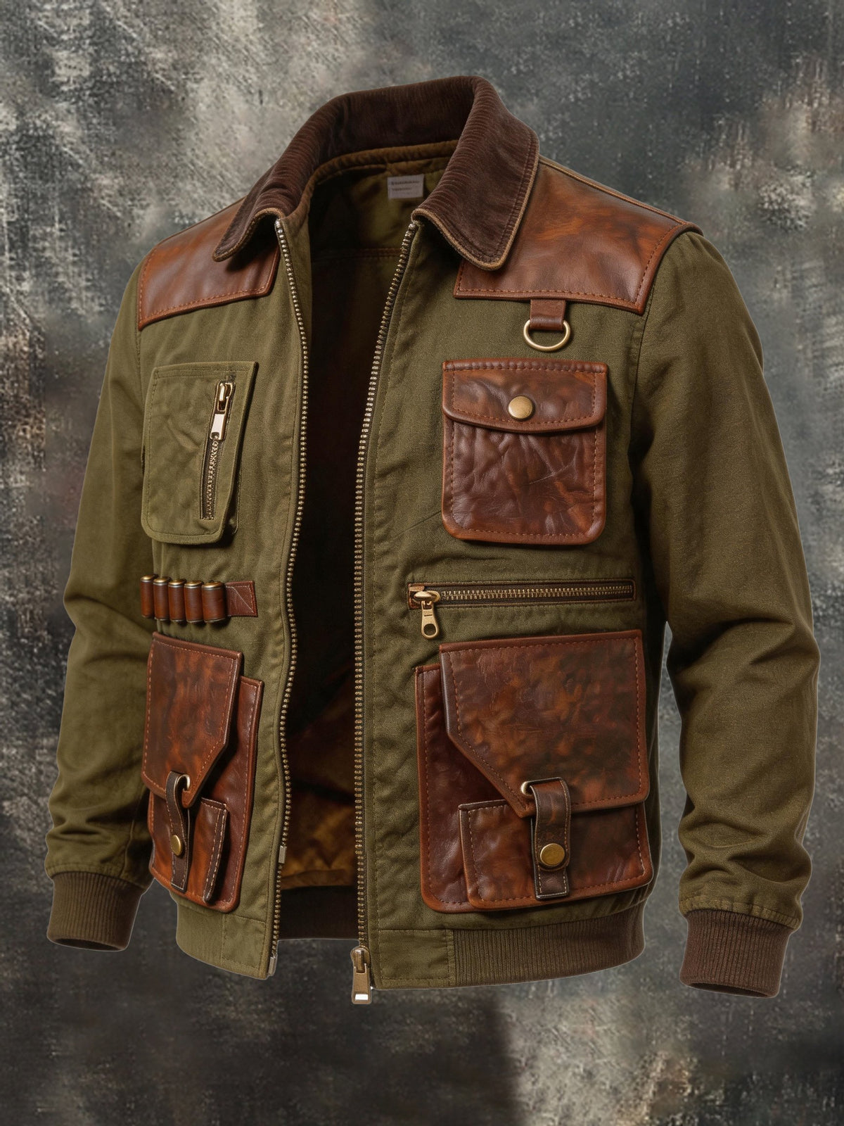 Men's Vintage Leather-Panel Multi-Pocket Outdoor Jacket