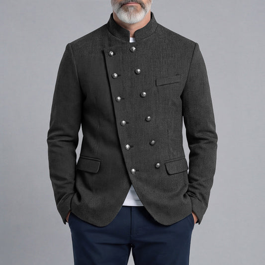 Men's Double-Breasted Slim-Fit Stand-Up Collar Suit with Diagonal Placket