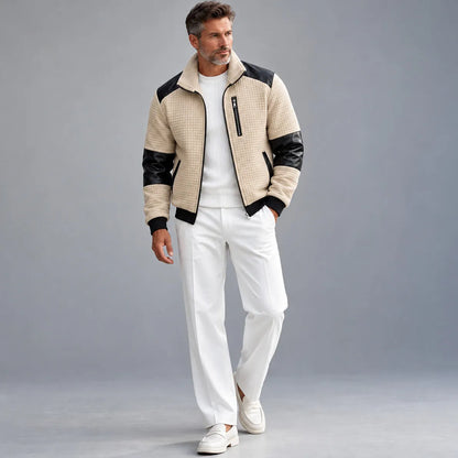 Men's Colorblock Patchwork Fleece Lined Stand Collar Quilted Zipper Bomber Jacket