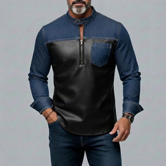 Men's Denim PU Leather Patchwork Stand Collar Half Zip Chest Pocket Slim Fit Shirt