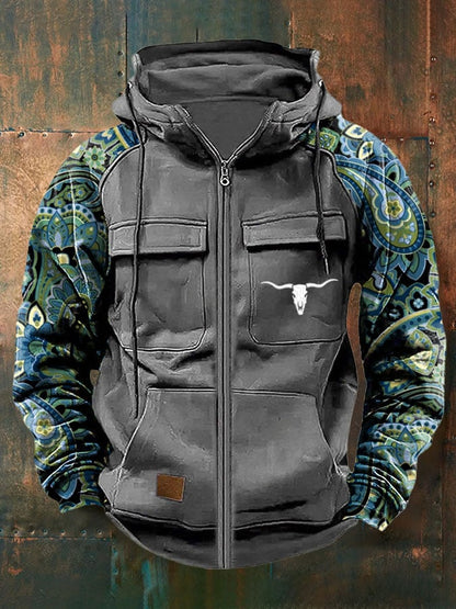 Men's Vintage Western Print Multi-Pocket Jacket