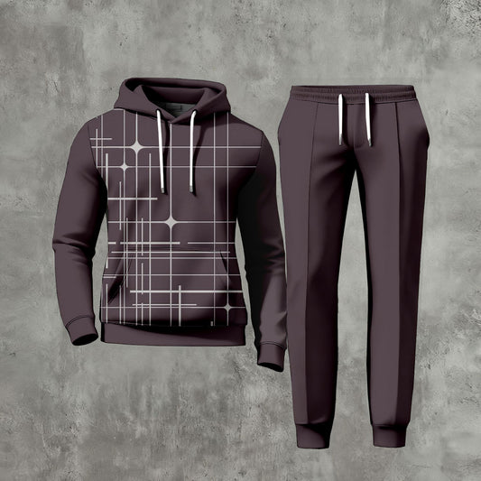 Men's Casual Checked Printed Long-Sleeve Hoodies Sweatshirt & Trousers Dark Brown Two-Piece Set