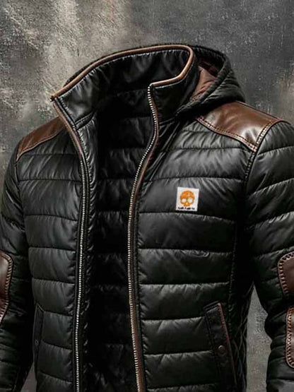 Men'S Retro Color-Block Down Jacket With Leather Paneling