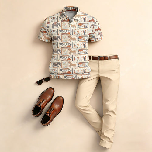Men's Casual Color-Blocked Cat And Elephant Print Short-Sleeve Polo Shirt And Pants Set