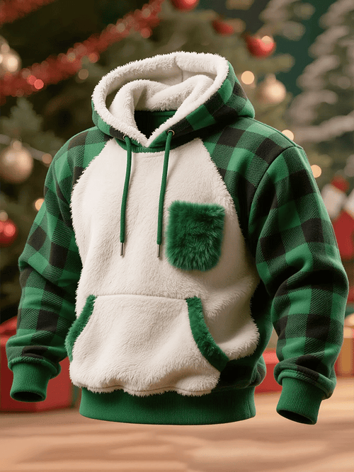 Men's Plush Patchwork Christmas Plaid Hooded Sweatshirt