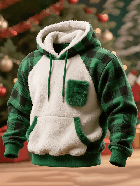 Men's Plush Patchwork Christmas Plaid Hooded Sweatshirt