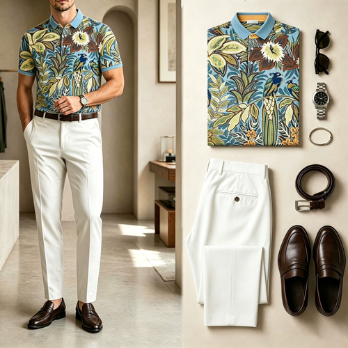 Men's Casual Floral-Print Short-Sleeve Polo Shirt And Pants Set (Does Not Include Accessories Such As Watches Or Belts)