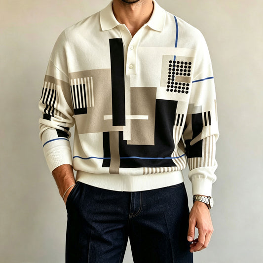 Men's Two-Tone Long-Sleeve Polo Shirt