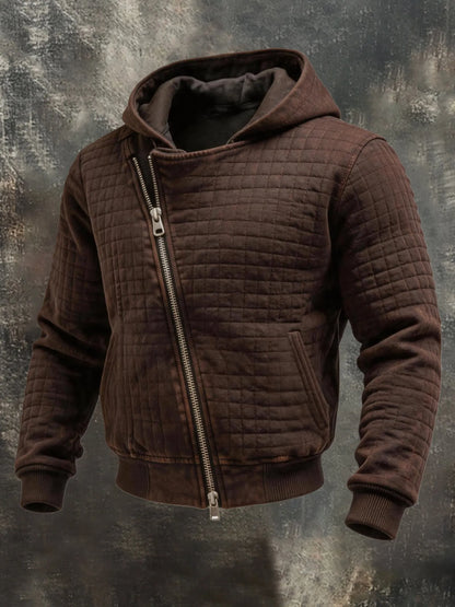 Men's Vintage-Look Distressed Plaid Hooded Jacket with Diagonal Zipper