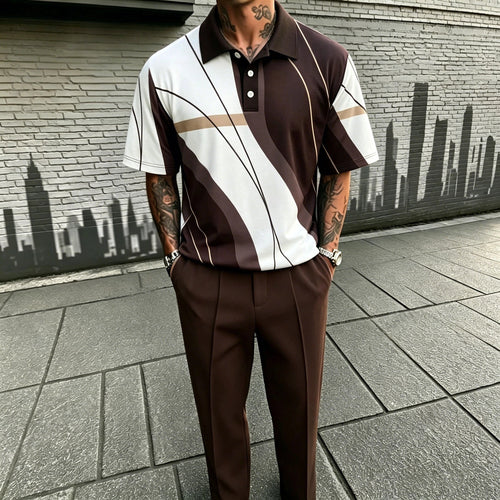Men's Casual Brown & White Printed Polo Shirt And Pants Two-Piece Set