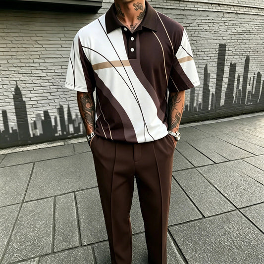 Men's Casual Brown & White Printed Polo Shirt And Pants Two-Piece Set