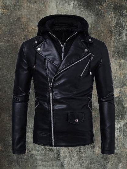 Men's Hooded Lapel Casual Racing Leather Jacket (Removable Hood)
