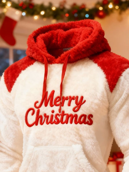 Men'S Plush Warm Color-Blocked Christmas Hooded Sweatshirt