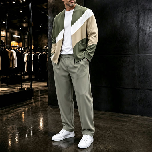 Men's Two-Piece Set: Color-Blocked Cardigan and Pants