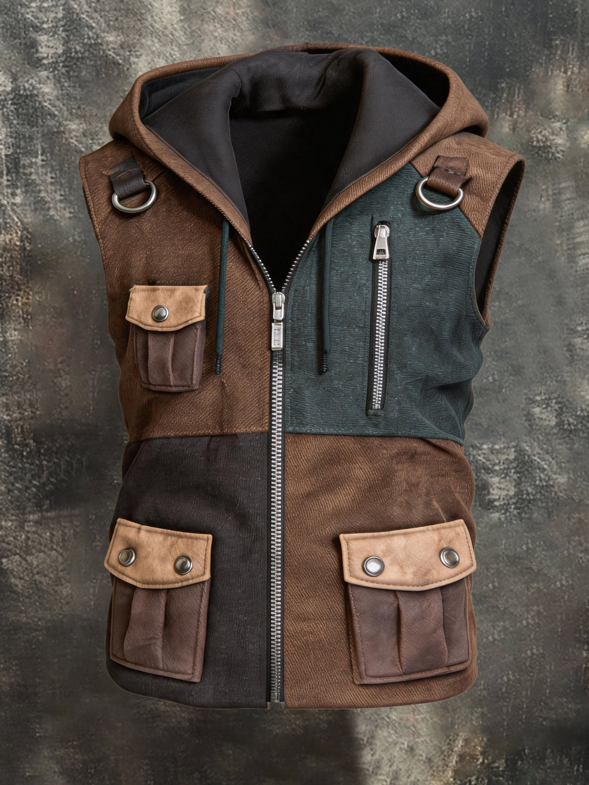Men's Retro Outdoor Color-Block Paneled Hooded Vest with Multiple Pockets