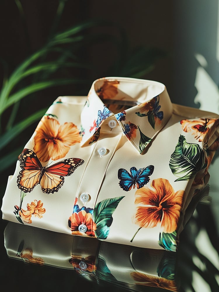 Men's Business Casual Butterfly Floral Lapel Short Sleeve Shirt