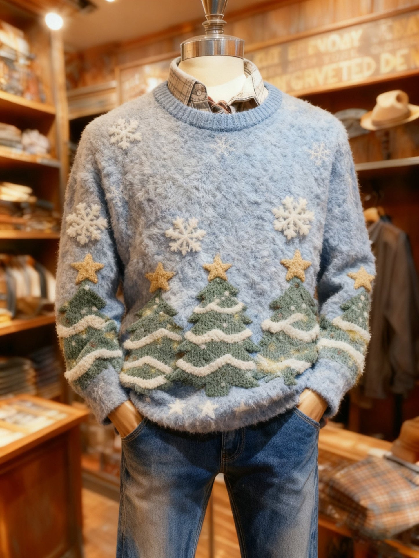 Men's Crew Neck Holiday Print Knit Sweater