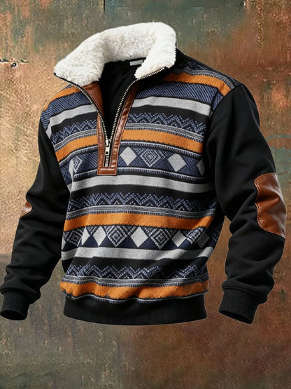 Men's Retro Color Block Print Casual Fur Collar Long Sleeve Sweatshirt