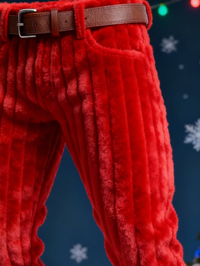 Men's Red Textured Plush Warm Christmas Cargo Pants