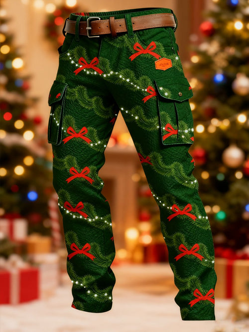 Men's Retro Christmas Bow Print Cargo Pants