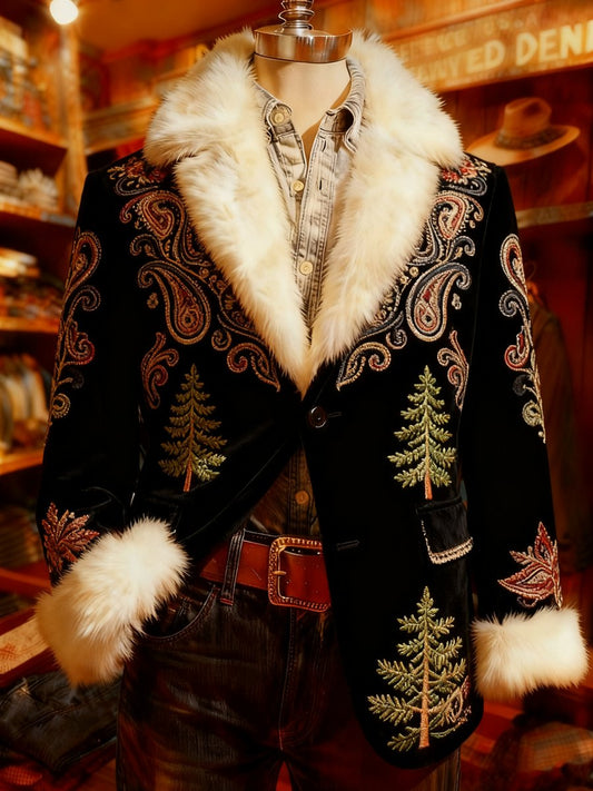 Men's Paisley Christmas Evergreen Plush Lapel Suit Jacket