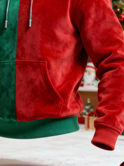Men's Suede Warm Plush Color-Blocked Christmas Hooded Sweatshirt