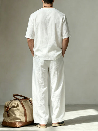 Men's Solid-color Button Loose-fit Hooded Round Neck Short-sleeved Top And Pants Set