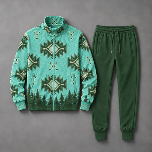 Men's Ethnic-Print Stand-Collar Sweatshirt and Pants Set