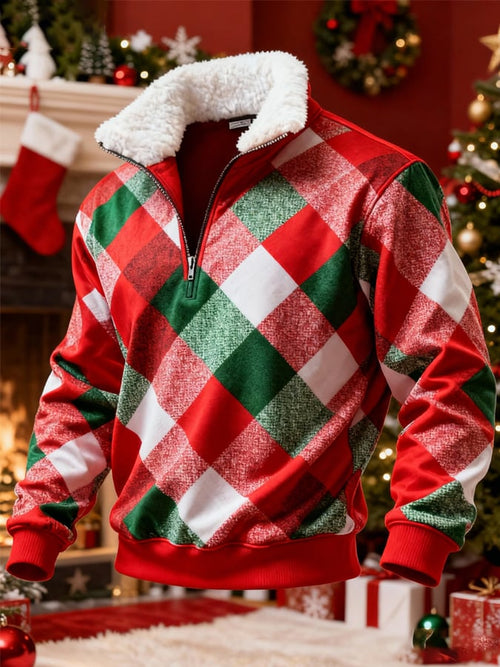 Men's Retro Color Block Print Christmas Fur Collar Sweatshirt