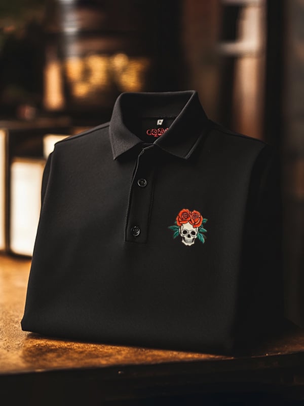 Men's Classic Business Skull Rose Logo Short Sleeve Polo Shirt