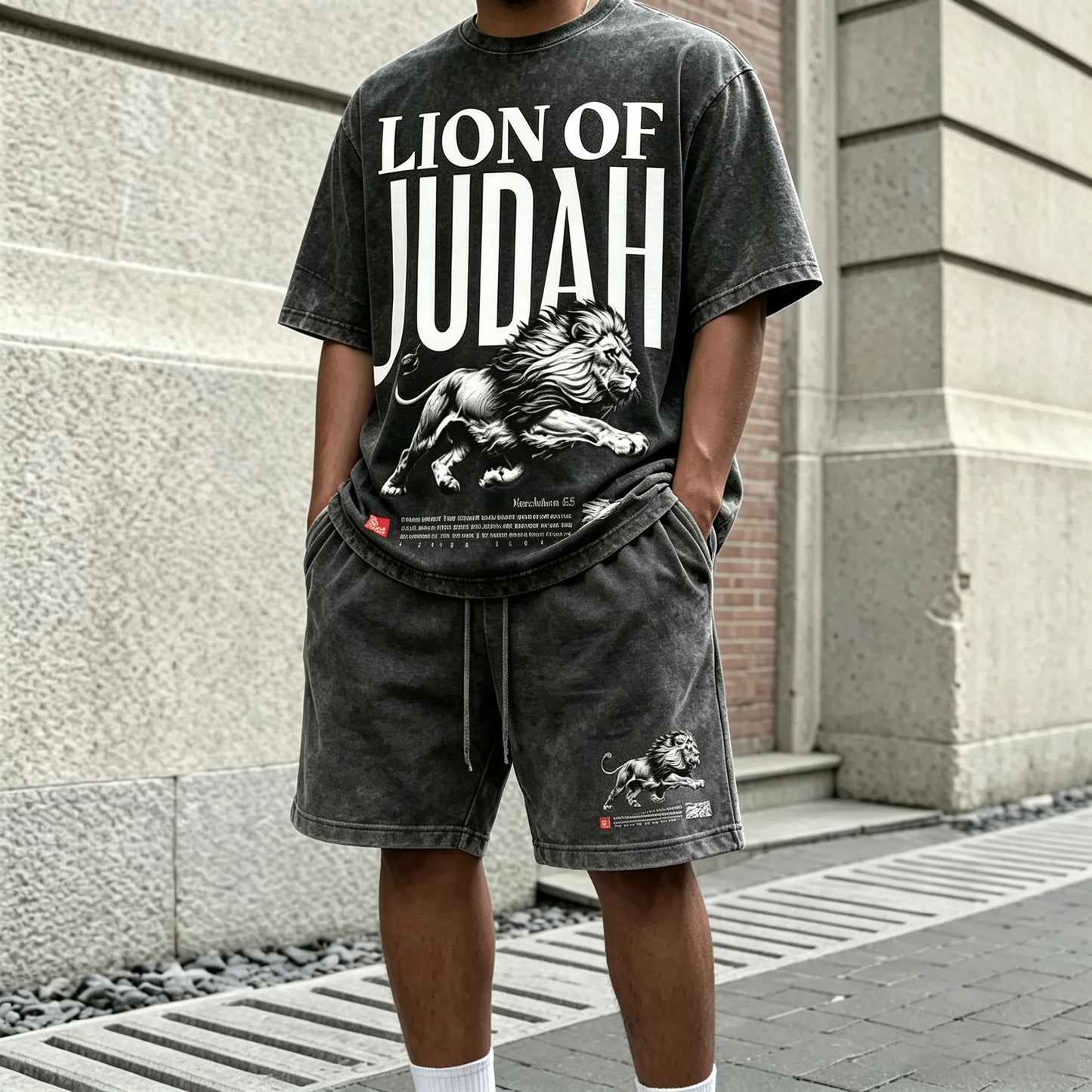Men's Casual Letter-Printed Lion-Patterned Round-Neck Short-Sleeve T-Shirt and Shorts Two-Piece Set