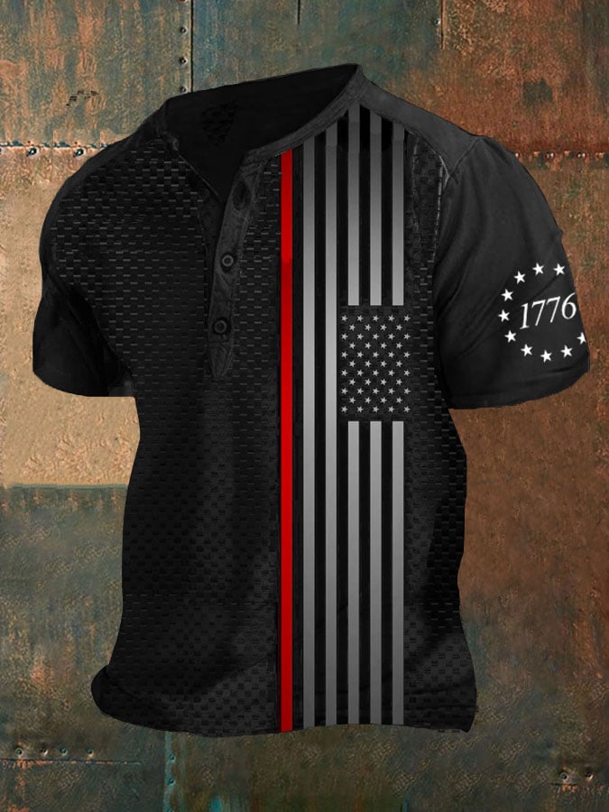 Men's Independence Day USA Stars and Stripes Casual Henley Neck T-Shir