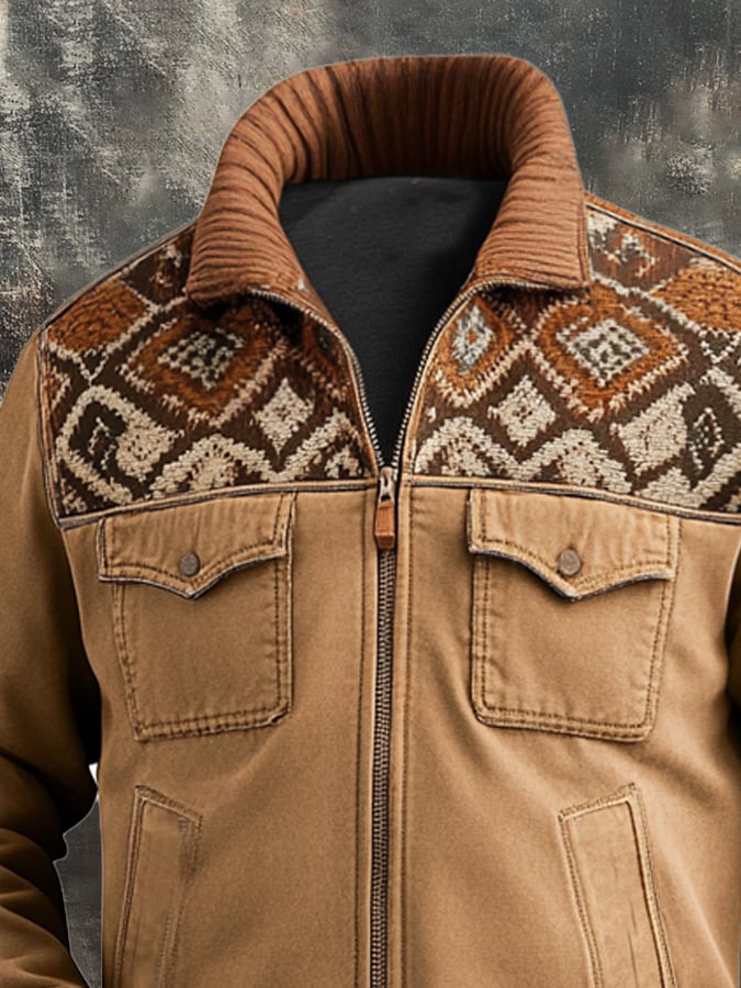 Men's Retro Classic Distressed Casual Fur Collar Pocket Jacket