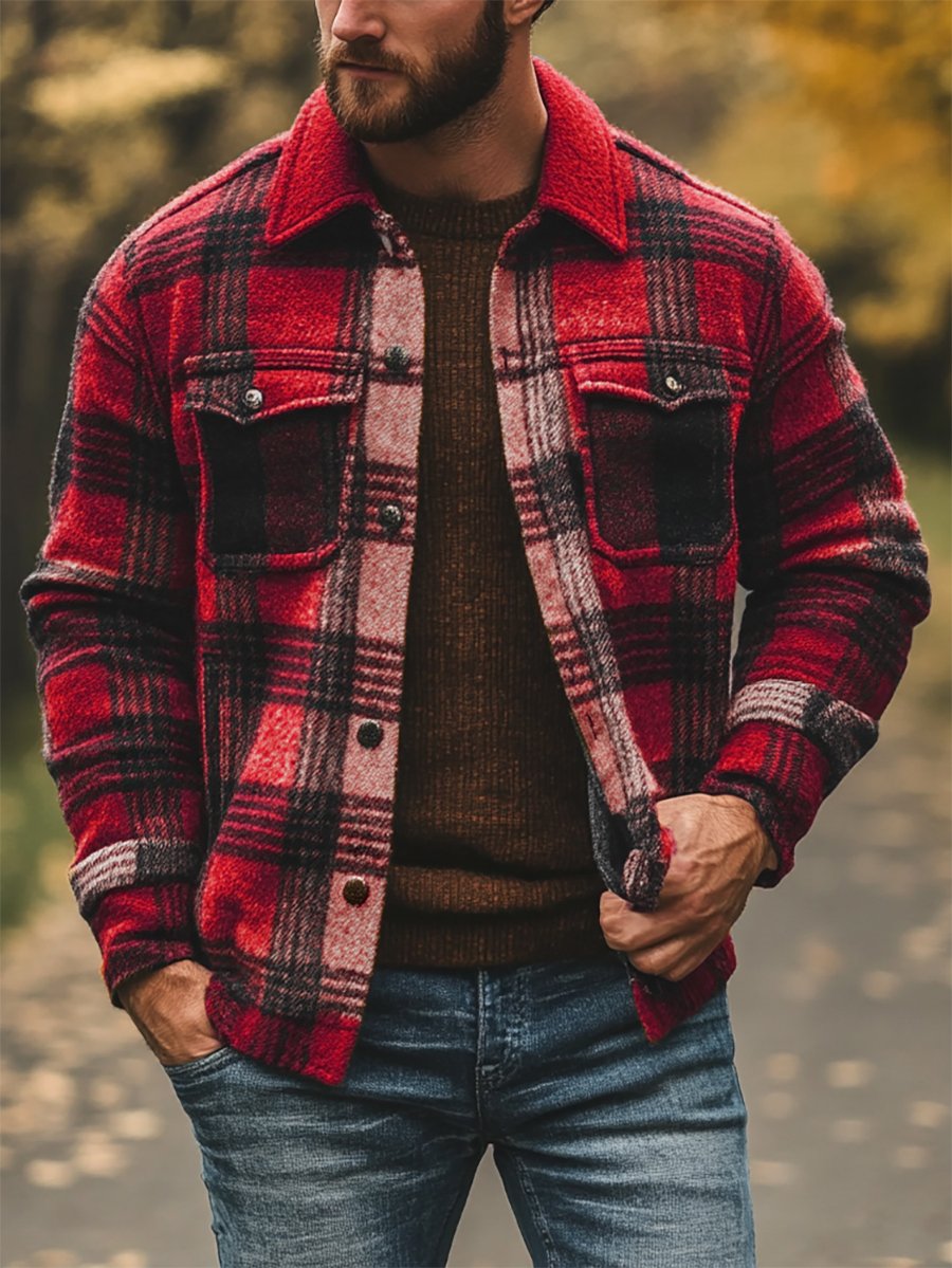 Men's Casual Plaid Long Sleeve Shirt Jacket