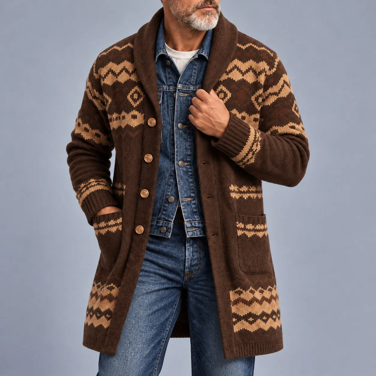 Men's Coffee Aztec Geometric Pattern Shawl Lapel Single Breasted Knitted Longline Cardigan